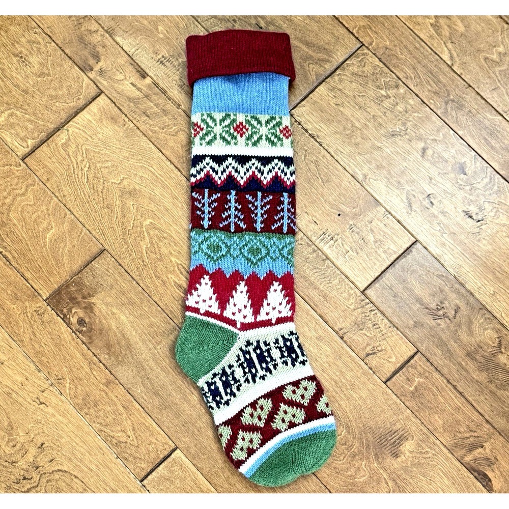 Fair Isle Wool Christmas Stocking‎ XL Scandinavian Folk Knit 28in Cottage Core